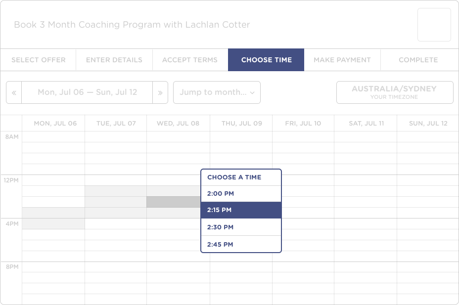 Session booking calendar screenshot